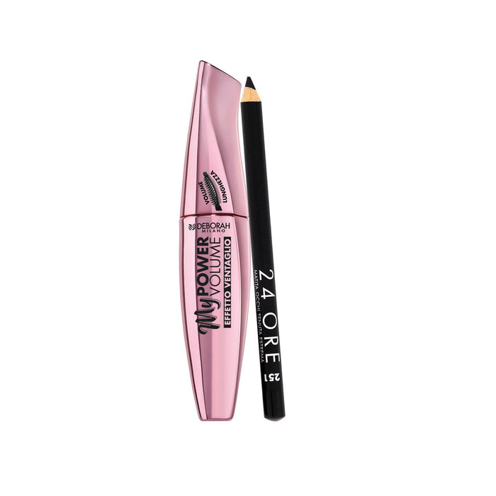 Set mascara Deborah My Power + creion dermatograf gel 24H Extra, waterproof, volumizant, negru, 14 ml + 1,5 g