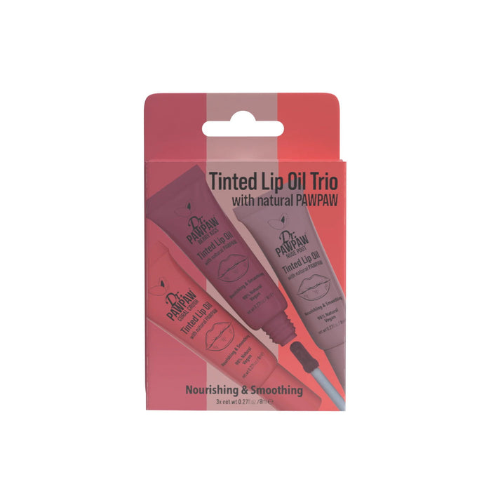 Set ulei de buze Dr. PawPaw Tinted Lip Oil Trio, nuanțe Coral Crush, Berry Kiss și Nude Pout, 3 x 8 ml