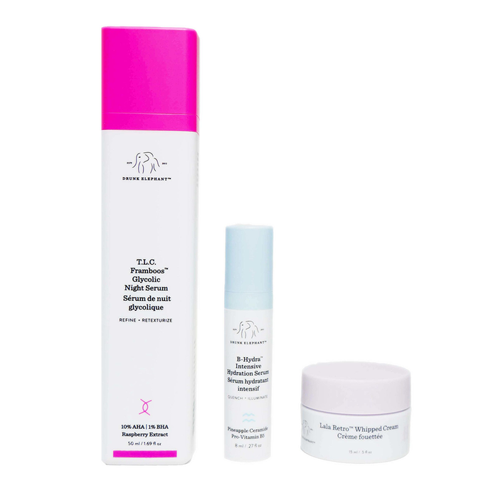 Set ser de noapte Drunk Elephant T.L.C. Framboos Glycolic + B-Hydra Intensive Serum + Lala Retro Recovery Cream, 50 ml + 8 ml + 15 ml