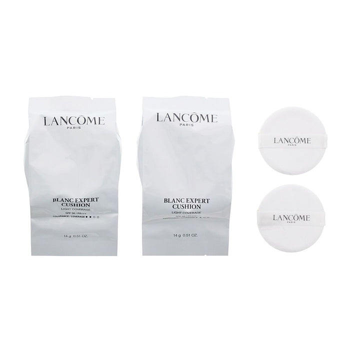Set de 2 fonduri de ten compacte Lancome Blanc Expert Cushion, acoperire ușoară, SPF 36, 2 x 14 g