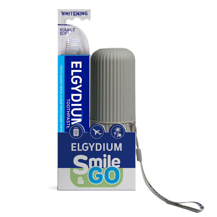 Set pastă de dinți Elgydium Smile & Go, anti-placă, 75 ml + periuță de dinți Whitening Soft