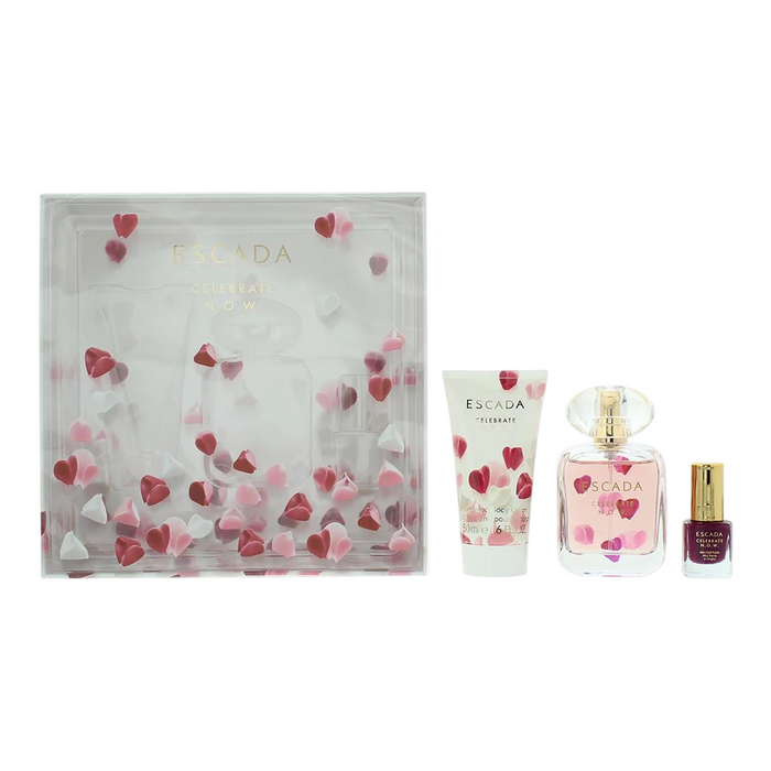 Set Escada Celebrate N.O.W., pentru femei: apă de parfum 50 ml + lapte de corp hidratant 50 ml + ojă cu efect de volum 4,5 ml