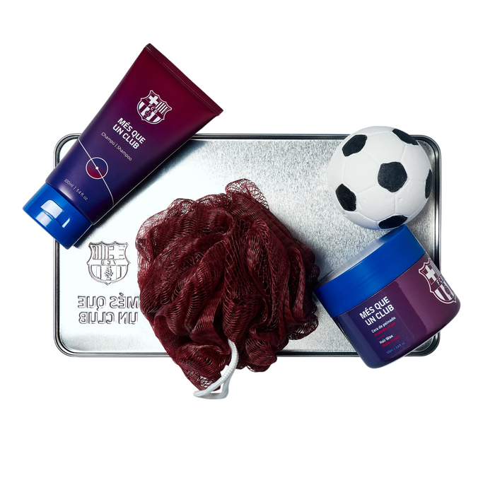 Set FC Barcelona: gel de duș 100 ml + ceară de păr 100 g + burete și bombă de baie + suport metalic