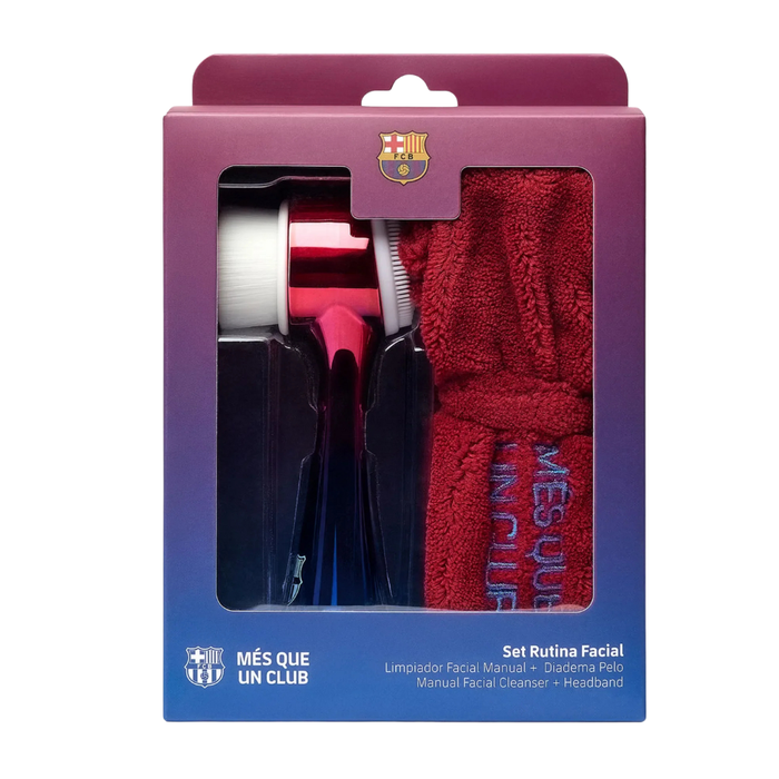 Set FC Barcelona pentru îngrijirea feței: perie de curățare facială + bandă pentru păr roșie