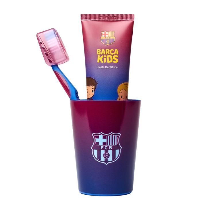 Set de igienă dentară FC Barcelona, pentru copii: periuță de dinți + pastă de dinți 90 g + pahar