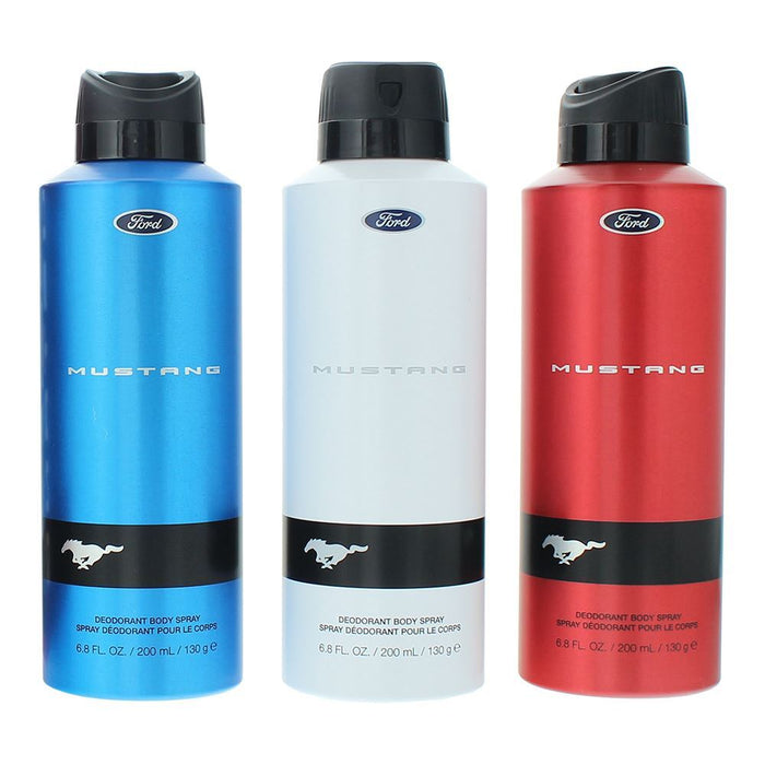 Set deodorant spray Ford Mustang Blue + Mustang Red + Mustang White, pentru bărbați, 3 x 200 ml