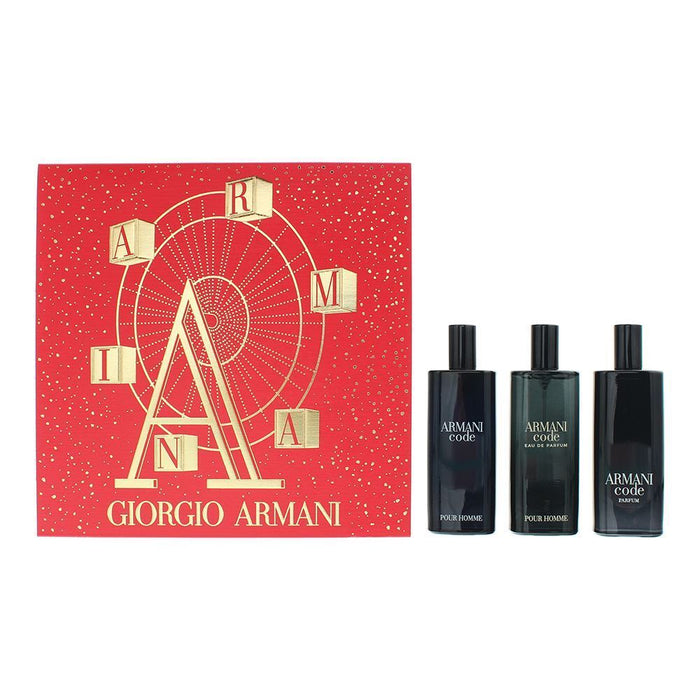 Set Giorgio Armani Code pentru bărbați: parfum reîncărcabil 15 ml + apă de toaletă 15 ml + apă de parfum 15 ml