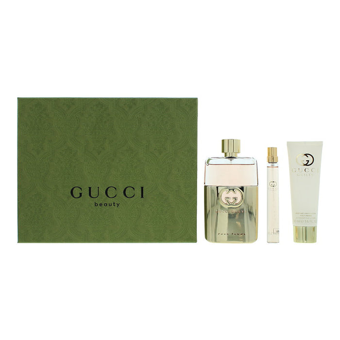 Set Gucci Guilty, pentru femei: apă de parfum 90 ml + apă de parfum 10 ml + loțiune de corp hidratantă 50 ml