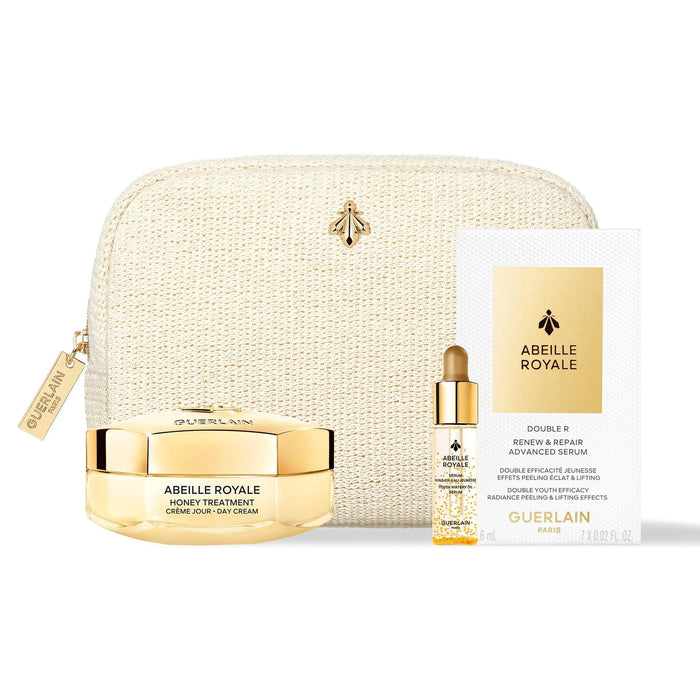 Set Guerlain Abeille Royale: cremă de zi 50 ml + ulei pentru față și gât 5 ml + ser de zi și noapte 0,6 ml