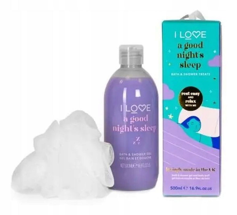 Set gel de duș I Love A Good Night's Sleep + burete de corp, hidratant, pentru toate tipurile de piele, 500 ml