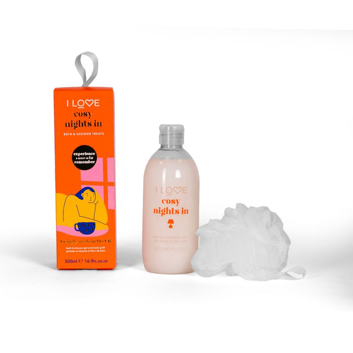 Set gel de duș I Love Cosy Night's + burete de baie, hidratant, pentru toate tipurile de piele, 500 ml
