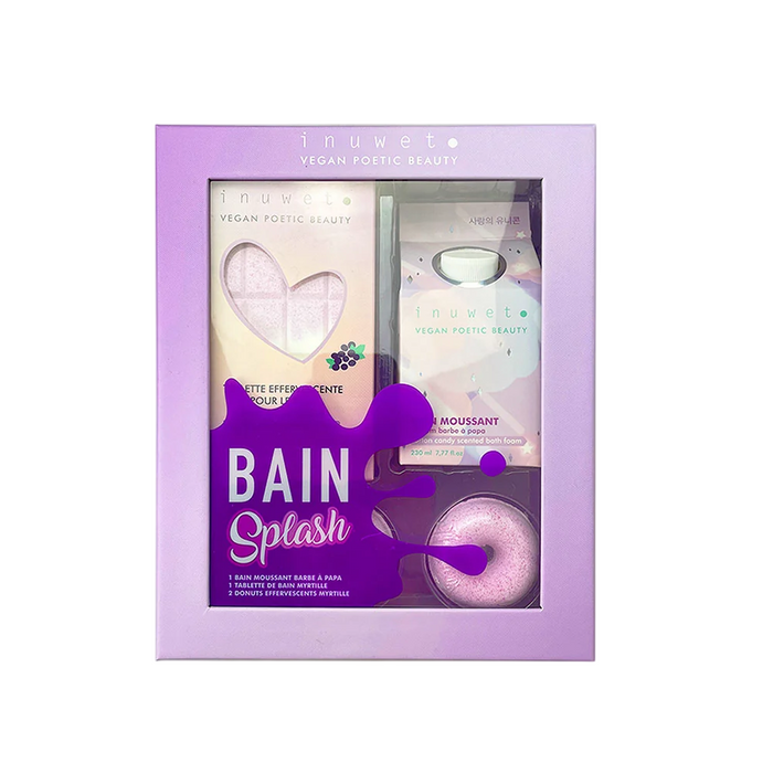 Set Inuwet Spumă de duș Cotton Candy + bombe de baie Blueberry și Donut, 230 ml + 200 g + 2 buc., 30 g