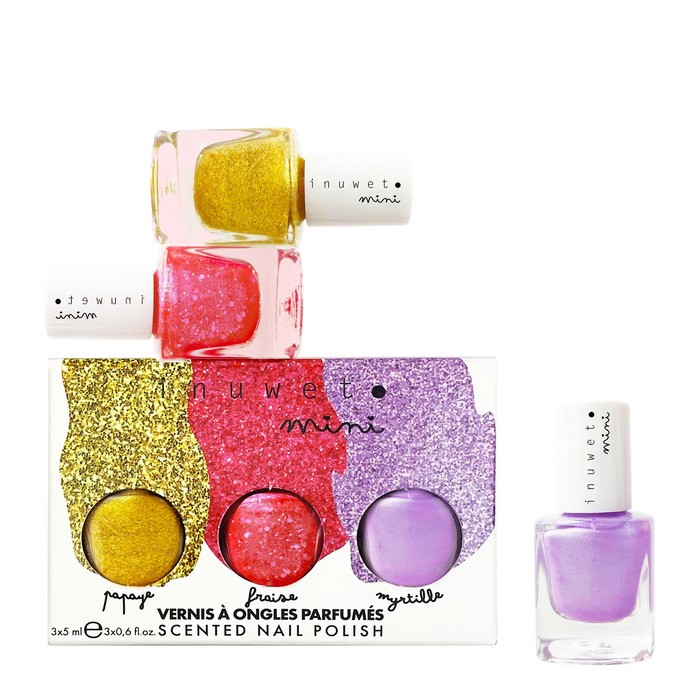 Set de lacuri de unghii Inuwet Papaye, Fraise și Myrtille, parfumate, miniatură, 3 x 5 ml