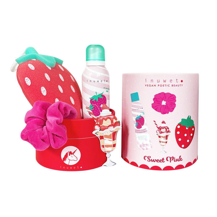 Set mousse de duș Inuwet Strawberry, 200 ml + burete de corp + elastic de păr