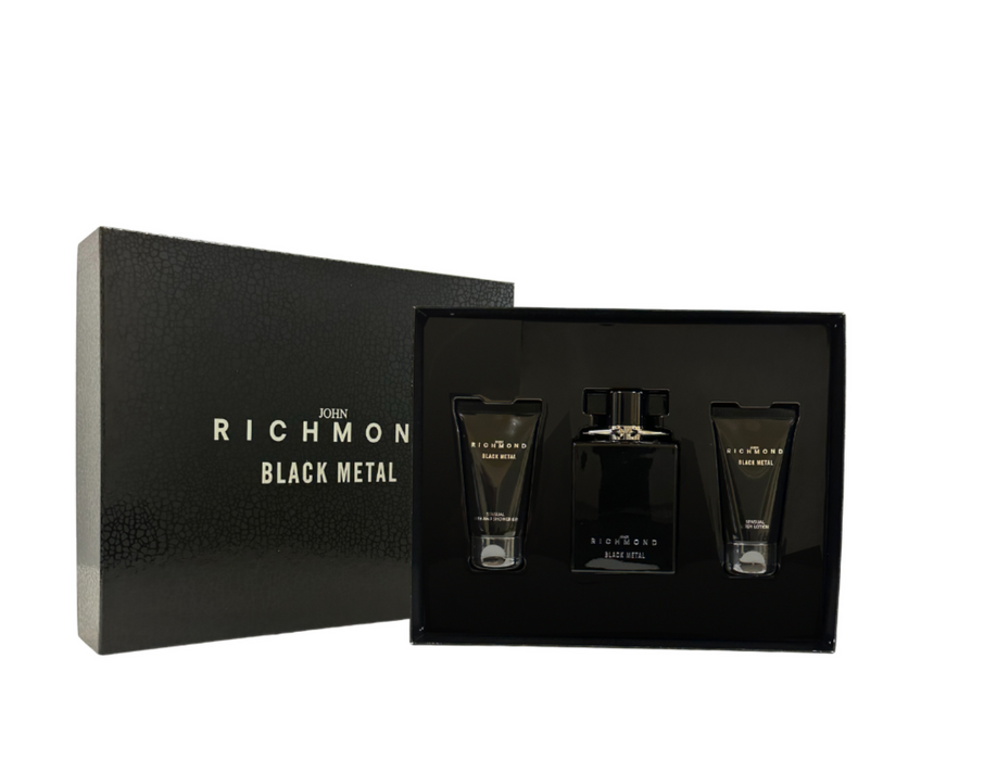Set apă de parfum John Richmond Black Metal, pentru bărbați: 100 ml + gel de duș 50 ml + loțiune de corp 50 ml