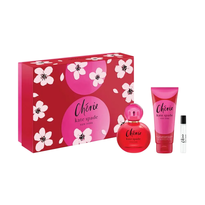 Set Kate Spade Chérie, pentru femei: apă de parfum 100 ml + apă de parfum miniatură 7,5 ml + loțiune de corp 100 ml