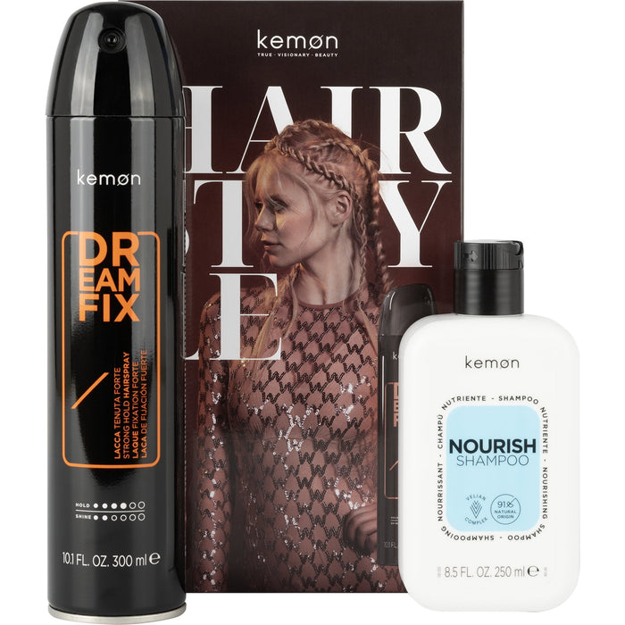 Set Kemon Dreamfix fixativ cu fixare puternică 300 ml + șampon Nourish pentru păr uscat 250 ml