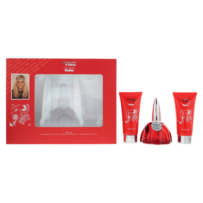 Set Kesha Whatever It Takes, pentru femei: apă de parfum 100 ml + loțiune de corp 100 ml + gel de duș 100 ml