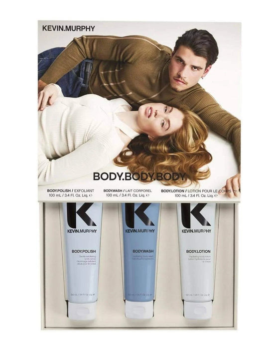 Set Kevin Murphy Body: exfoliant corporal 100 ml + gel de duș hidratant 100 ml + loțiune de corp hidratantă 100 ml