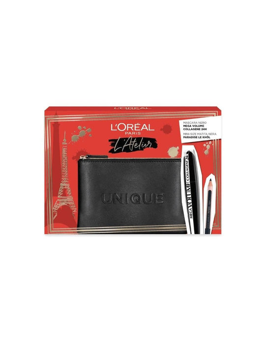 Set L'Oreal Paris Kajal Eye Pencil, negru, 1,5 g + mascara Mega Volume Collagene 24h, Mega Black, waterproof, 9 ml + geantă textilă neagră