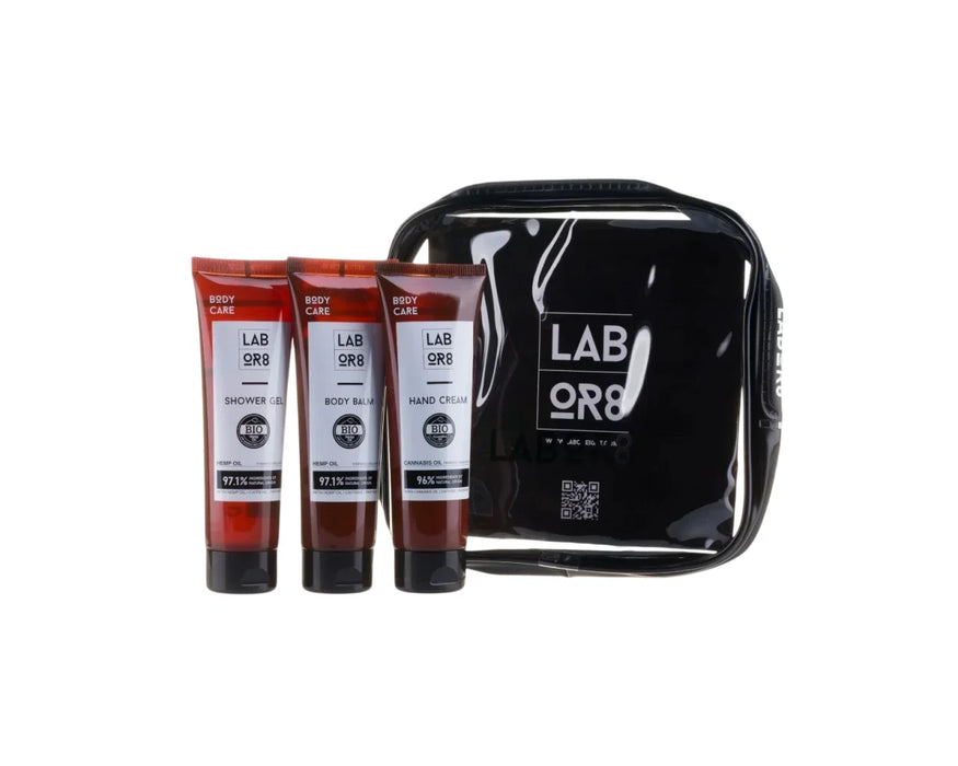 Set LABOR8 Hemp: cremă de mâini 75 ml + balsam de corp 75 ml + gel de duș 75 ml