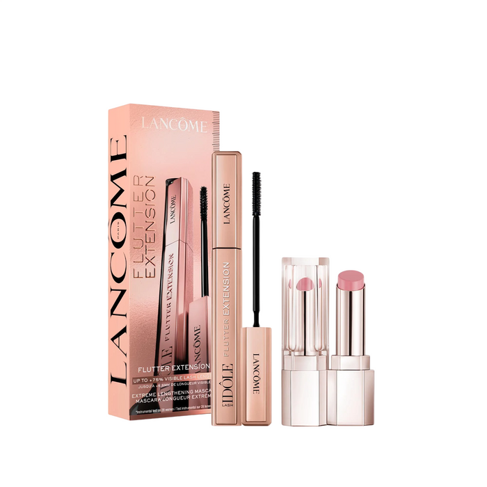 Set Lancome Flutter Extension, mascara 01 True Black 8,5 ml + balsam de buze Idole Lip Butterglow, 10 Keep It Glowy, 0,6 g