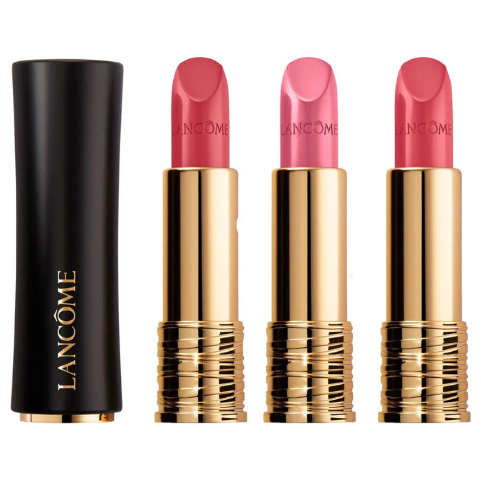 Set de rujuri Lancome L’Absolu Rouge, nuanțele 132 Caprice de Rouge, 11 Rose Nature și 06 Rose Nu, 3 x 3,4 g