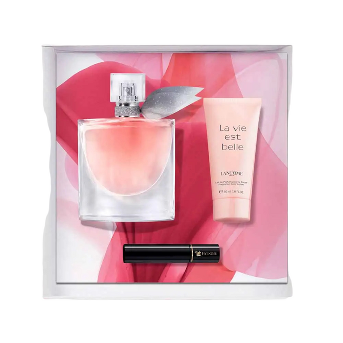 Set Lancome La Vie Est Belle, pentru femei: apă de parfum 50 ml + lapte de corp + mascara Hypnôse Black 2 ml