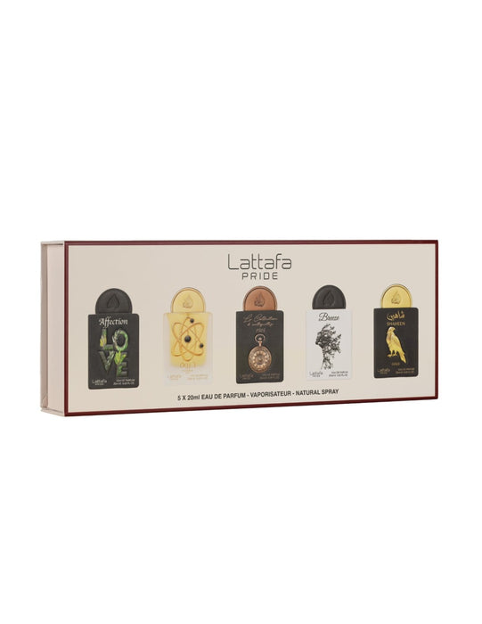 Set de ape de parfum Lattafa Affection + Tharwah Gold + Watch1505 + Breeze + Shaheen Gold, unisex, 5 x 20 ml