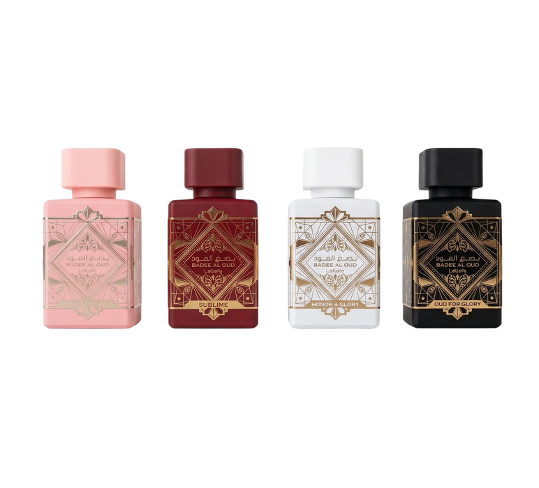 Set Lattafa Bade'e Al Oud: apă de parfum Oud For Glory 25 ml + Honor & Glory 25 ml + Sublime 25 ml + Noble Blush 25 ml