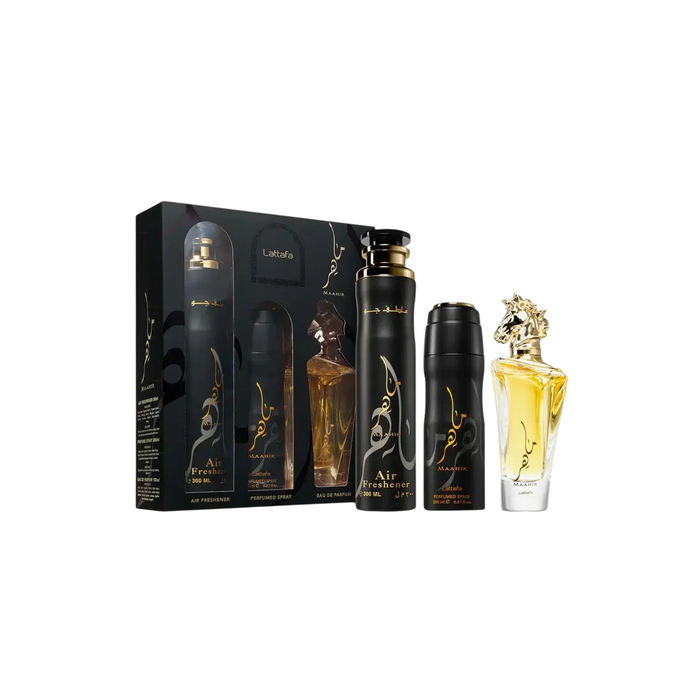 Set Lattafa Maahir, unisex: apă de parfum 100 ml + spray parfumat 200 ml + spray de cameră 300 ml