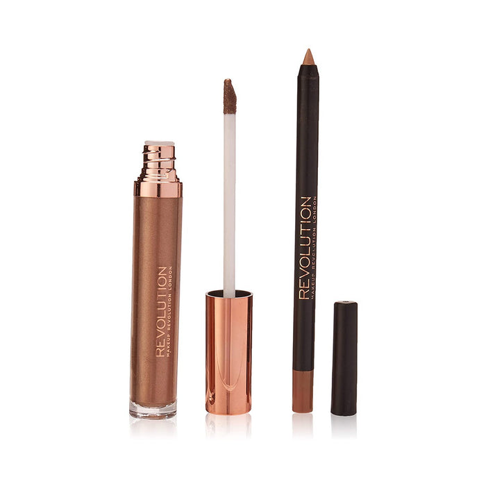 Set Makeup Revolution Retro Luxe, ruj lichid metalic + creion de buze, nuanța Sovereign, 5,5 ml + 1 g