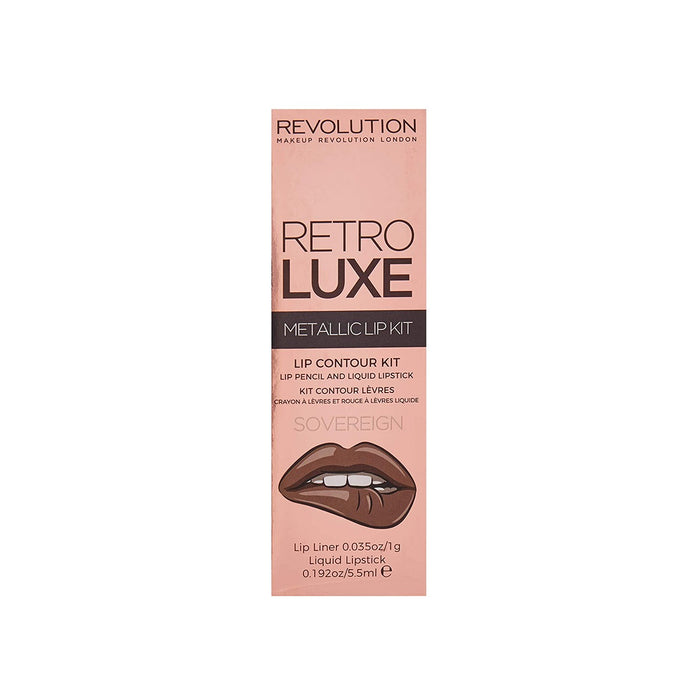 Set Makeup Revolution Retro Luxe, ruj lichid metalic + creion de buze, nuanța Sovereign, 5,5 ml + 1 g