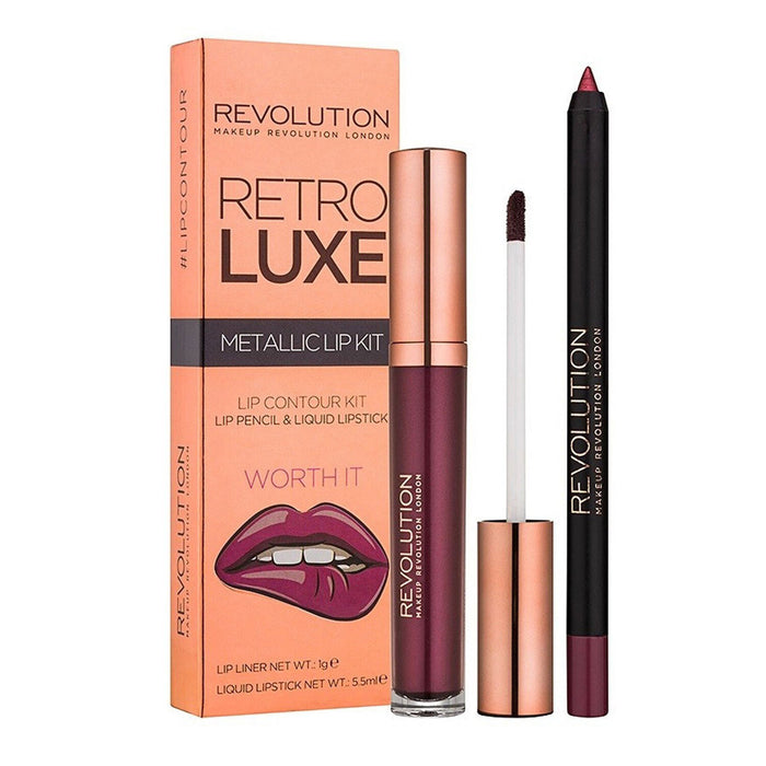 Set ruj lichid metalic Makeup Revolution Retro Luxe, nuanța Worth It + creion de buze, 5,5 ml + 1 g
