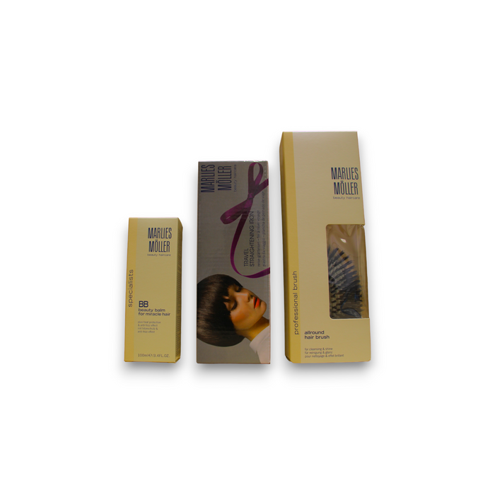 Set Marlies Moller Specialists Keratin Sleek & Shine: balsam cu ulei 100 ml + perie de păr + șampon 200 ml