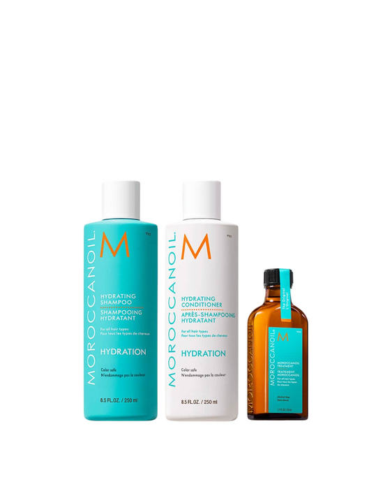 Set Moroccanoil Hydration: șampon + balsam + tratament cu ulei pentru păr, 250 ml + 250 ml + 50 ml