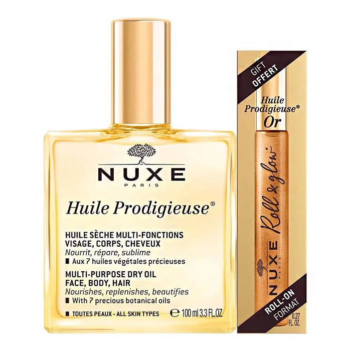 Set ulei multifuncțional Nuxe Huile Prodigieuse Or, pentru față, corp și păr, 100 ml + roll-on 8 ml