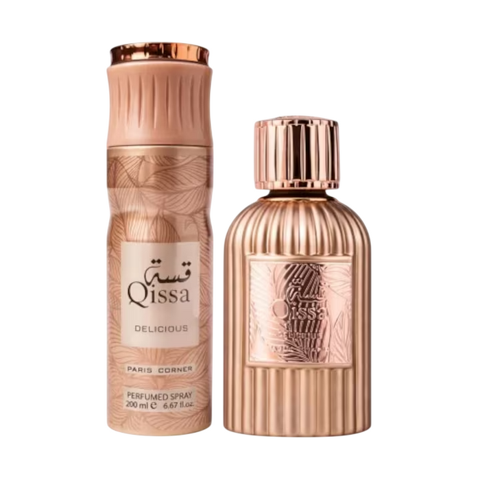 Set Paris Corner Qissa Delicious: apă de parfum 100 ml + deodorant spray 200 ml, pentru femei