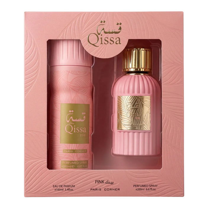Set Paris Corner Qissa Pink, pentru femei: apă de parfum 100 ml + deodorant spray 200 ml