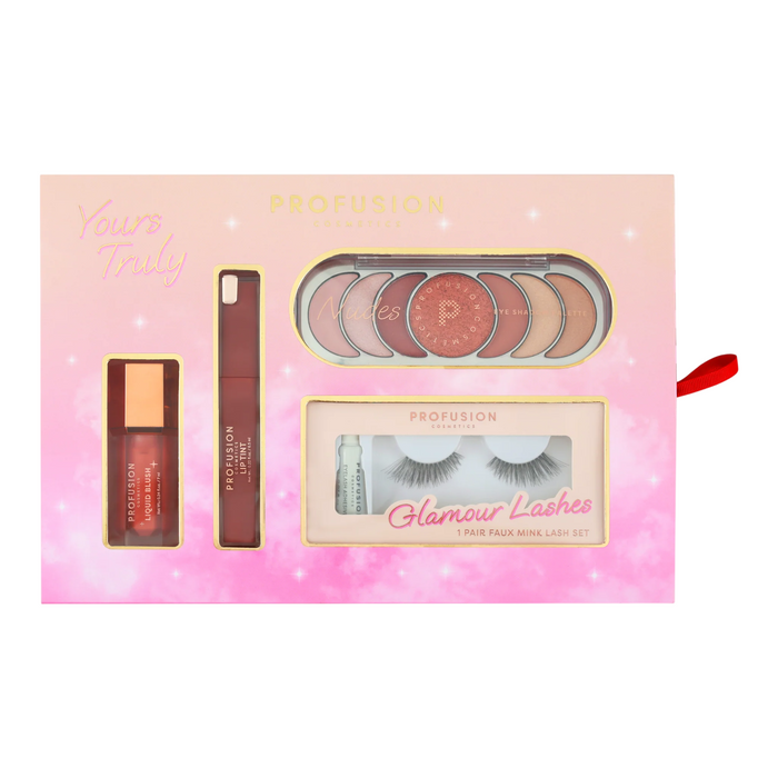 Set de machiaj Profusion Cosmetics Yours Truly: blush lichid 7 ml + ruj lichid 6,5 ml + paletă Nudes, 7 nuanțe, 11 g + gene false, 2 buc