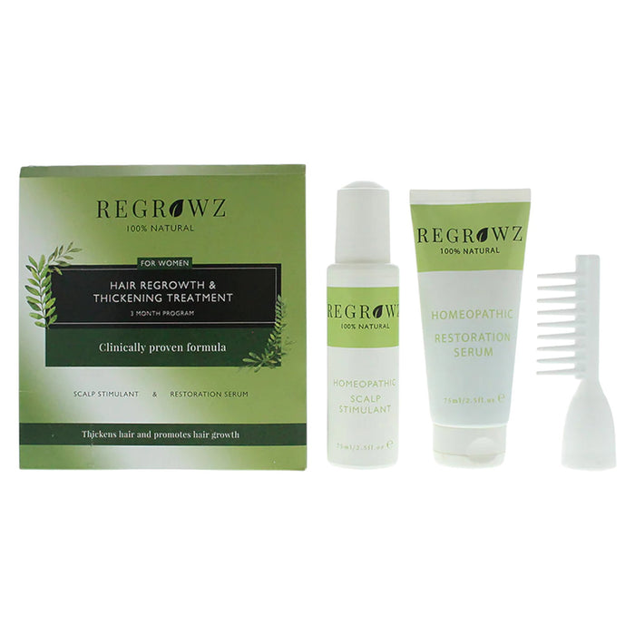 Set tratament pentru scalp Regrowz, homeopatic: ser 75 ml + cremă 75 ml + perie mini albă