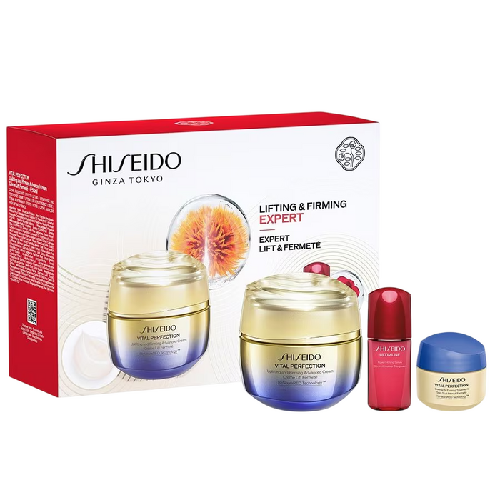 Set cremă de față Shiseido Vital Perfection Uplifting & Firming + cremă de noapte + ser Ultimune, 50 ml + 15 ml + 10 ml