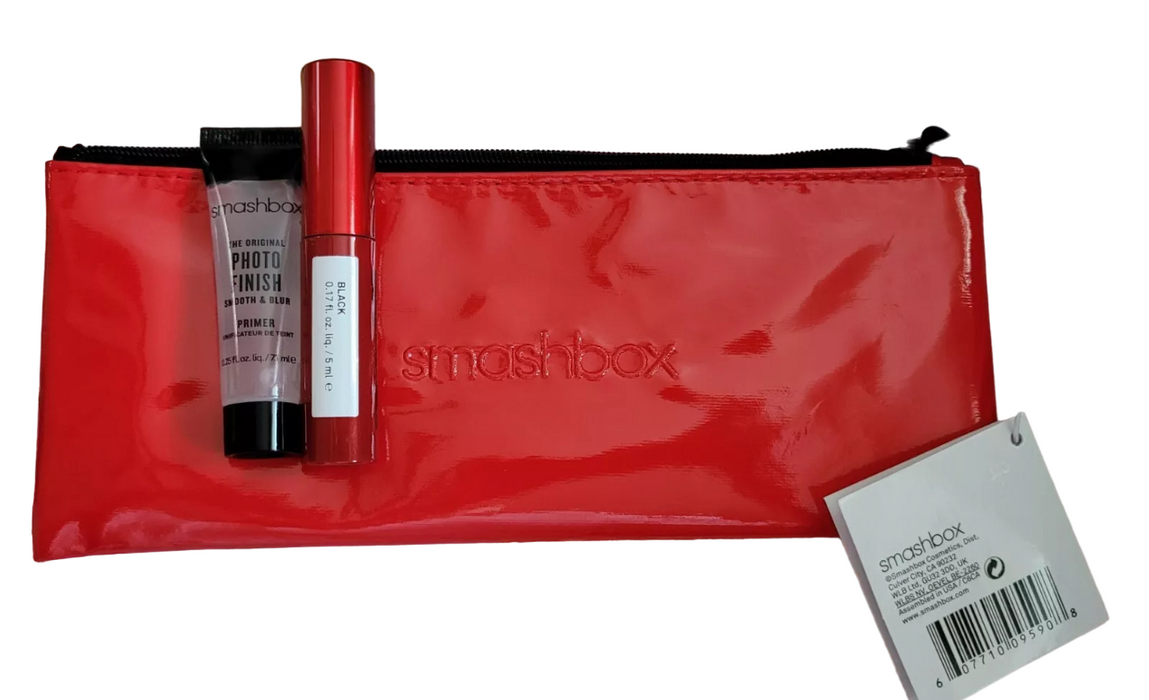 Set Smashbox Super Fan, mascara volumizant neagră 5 ml + primer de machiaj Photo Finish 7,1 ml + portfard roșu