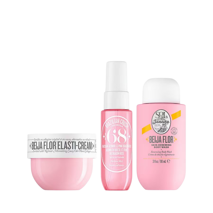 Set gel de duș Sol de Janeiro Beija Flor + cremă Elasti-Cream + spray parfumat Brazilian Crush Cheirosa '68, 90 ml + 50 ml + 30 ml