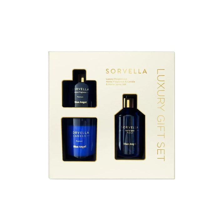 Set de parfumare a casei Sorvella Blue Angel: difuzor cu bețișoare 120 ml + lumânare Fruity & Floral 170 g + spray de cameră 200 ml