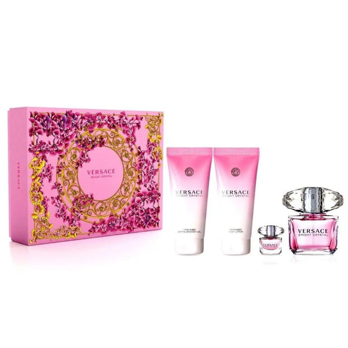 Set Versace Bright Crystal, pentru femei: apă de toaletă 90 ml + loțiune de corp 100 ml + gel de duș 100 ml + apă de toaletă miniatură 9 ml