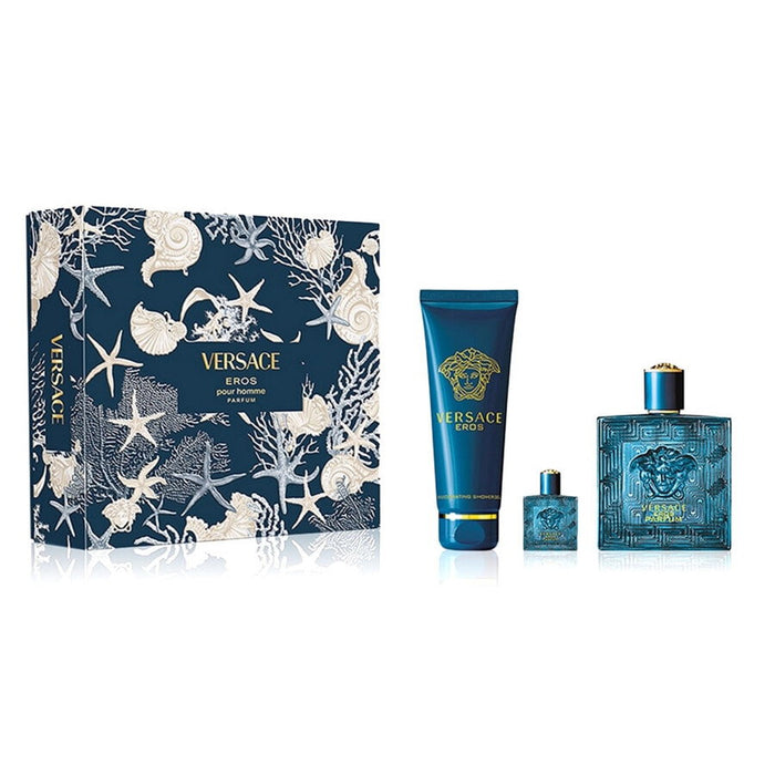 Set Versace Eros, pentru bărbați: apă de parfum 100 ml + apă de parfum miniatură 5 ml + gel de duș 150 ml