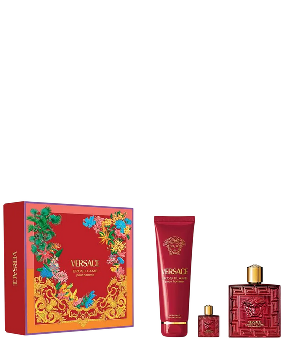 Set Versace Eros Flame, pentru bărbați: apă de parfum 100 ml + gel de duș 150 ml + apă de parfum miniatură 5 ml