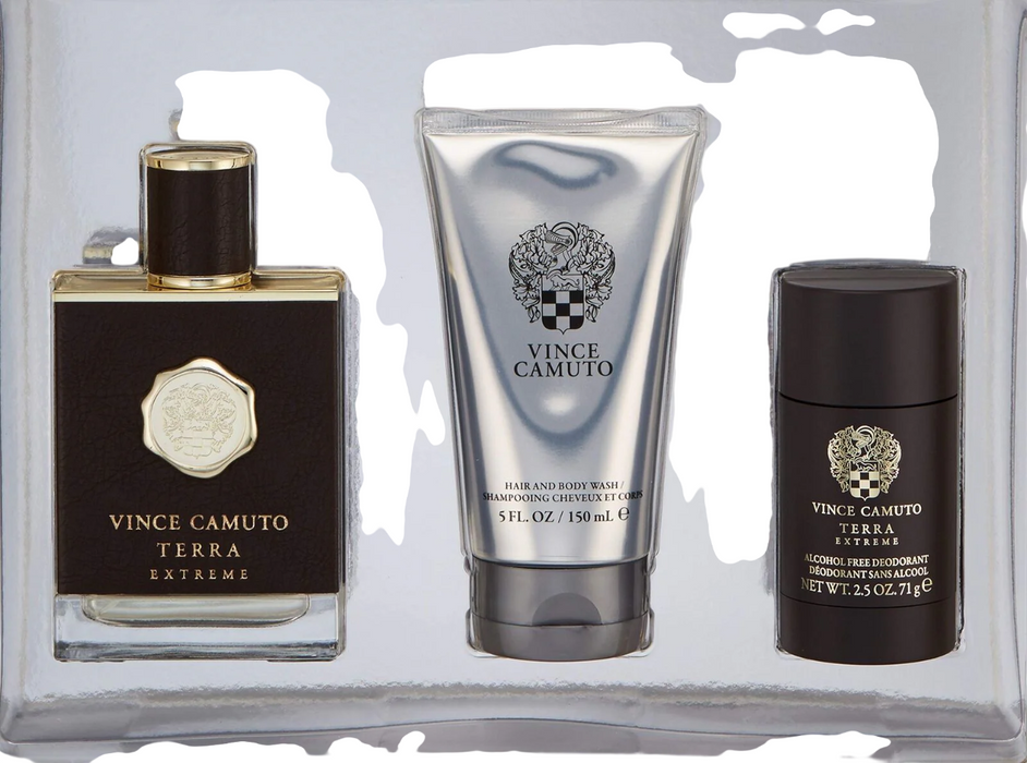 Set Vince Camuto Terra Extreme, pentru bărbați: apă de toaletă 100 ml + deodorant stick antiperspirant 71 g + gel de duș și șampon 2 în 1 150 ml