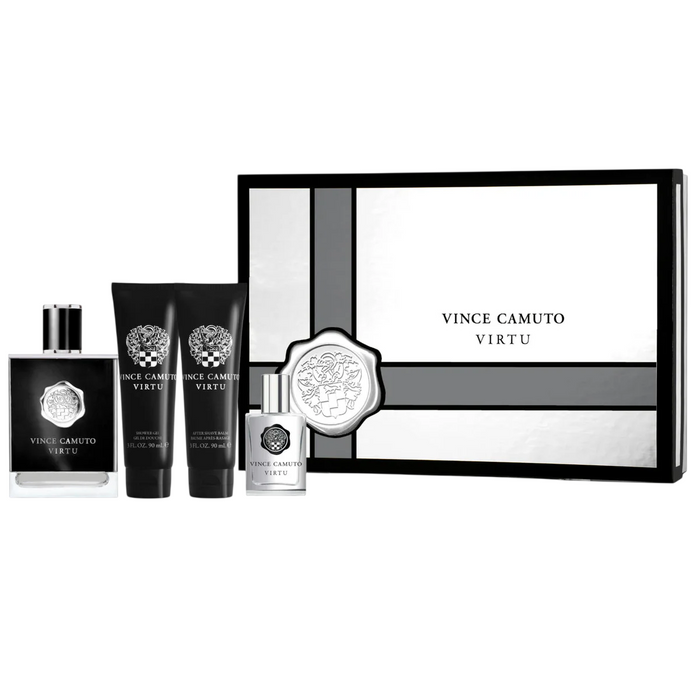 Set Vince Camuto Virtu, pentru bărbați: apă de toaletă 100 ml + apă de toaletă miniatură 15 ml + balsam after-shave 90 ml + gel de duș 90 ml